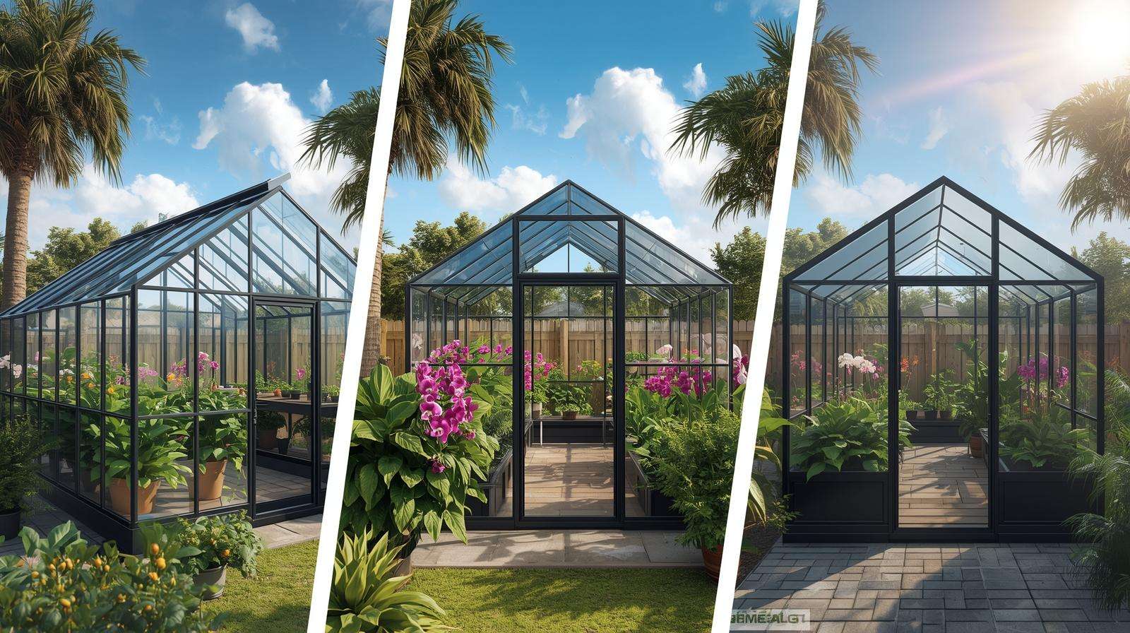 Collage of top greenhouses like Palram Hybrid and Exaco Riga 4S in a Florida backyard, showcasing thriving plants