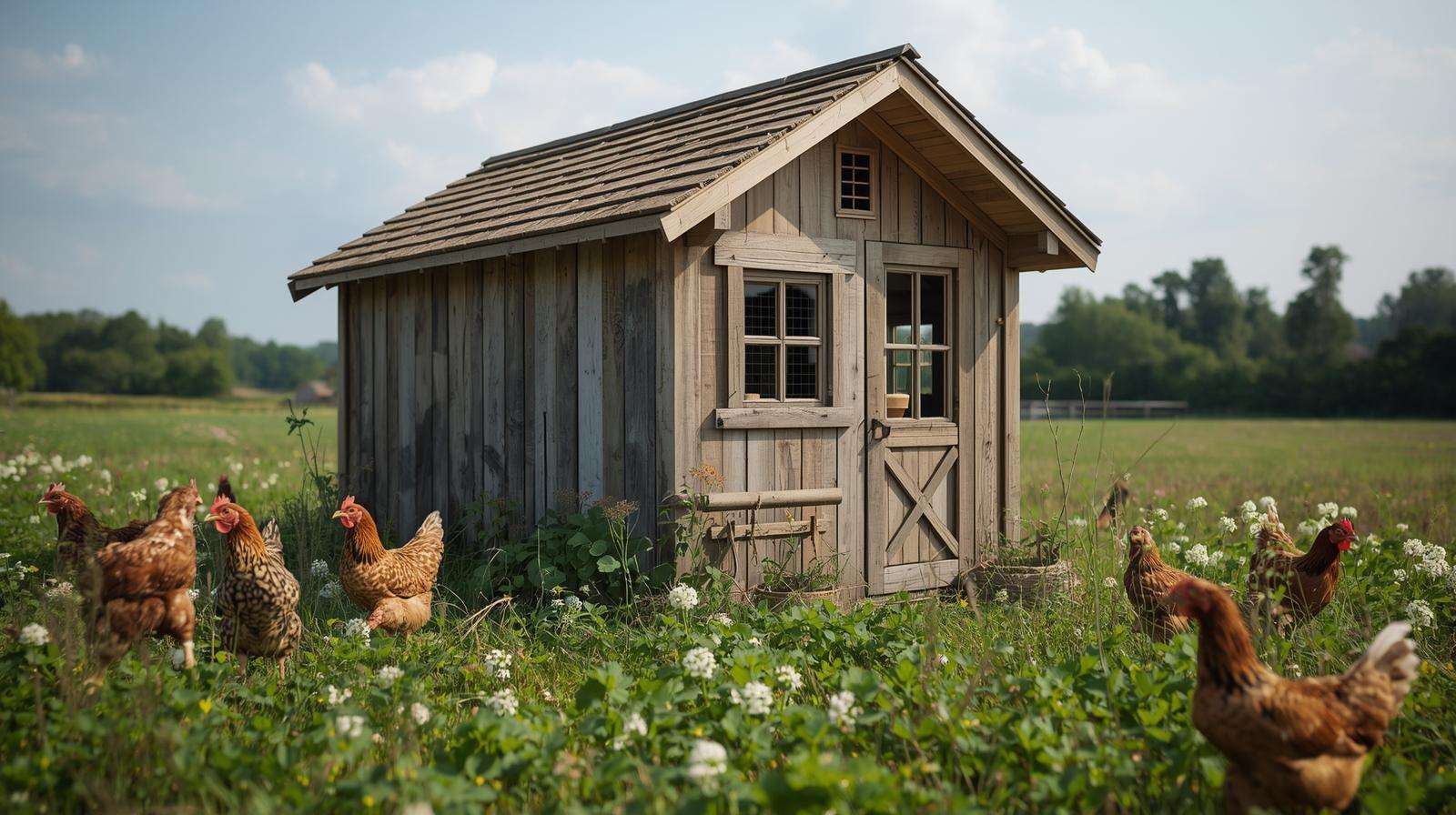Chickens enhancing a permaculture garden with crops and compost heap