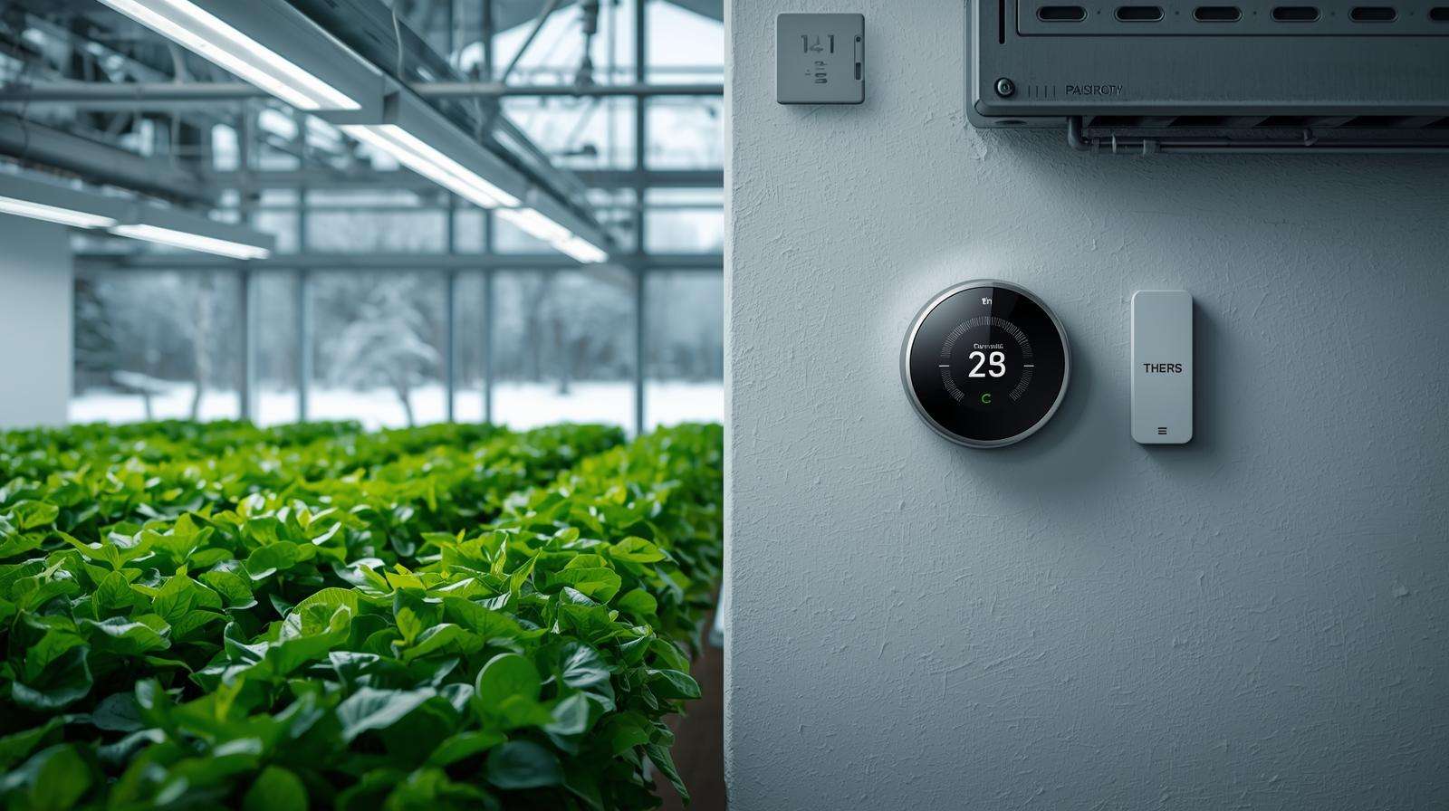 Smart thermostat and sensors in a greenhouse, controlling furnace heat for thriving leafy greens in a winter setting.