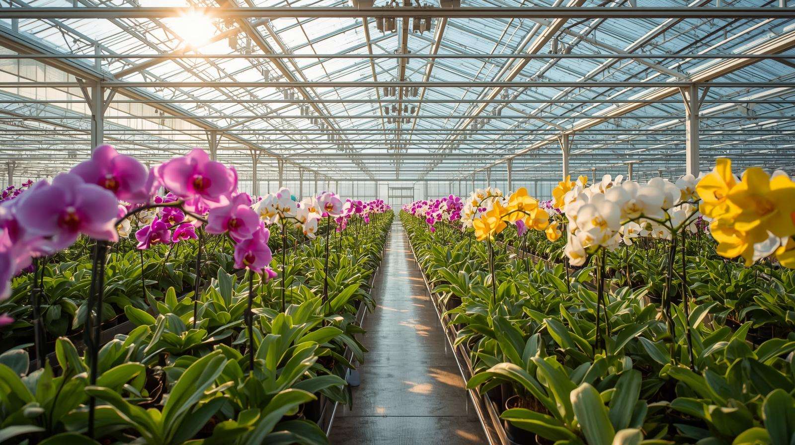 Orchids under LED grow lights in a bright orchid greenhouse.