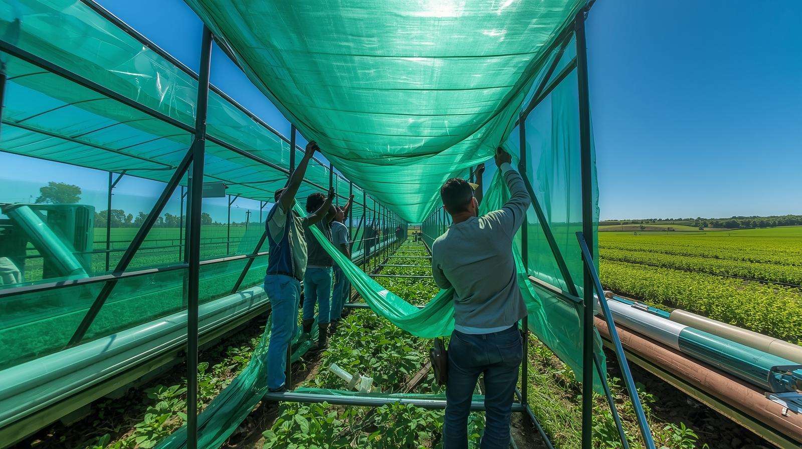 Workers installing green polyethylene film on a greenhouse frame in a sunny agricultural field.