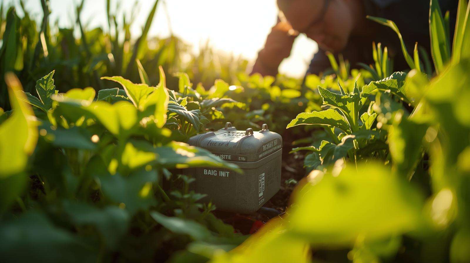 Farmer inspecting termite bait station in crop field for pest monitoring.
