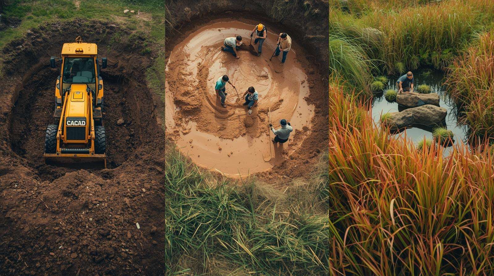 Construction of permaculture pond with backhoe, clay lining, and native grass planting