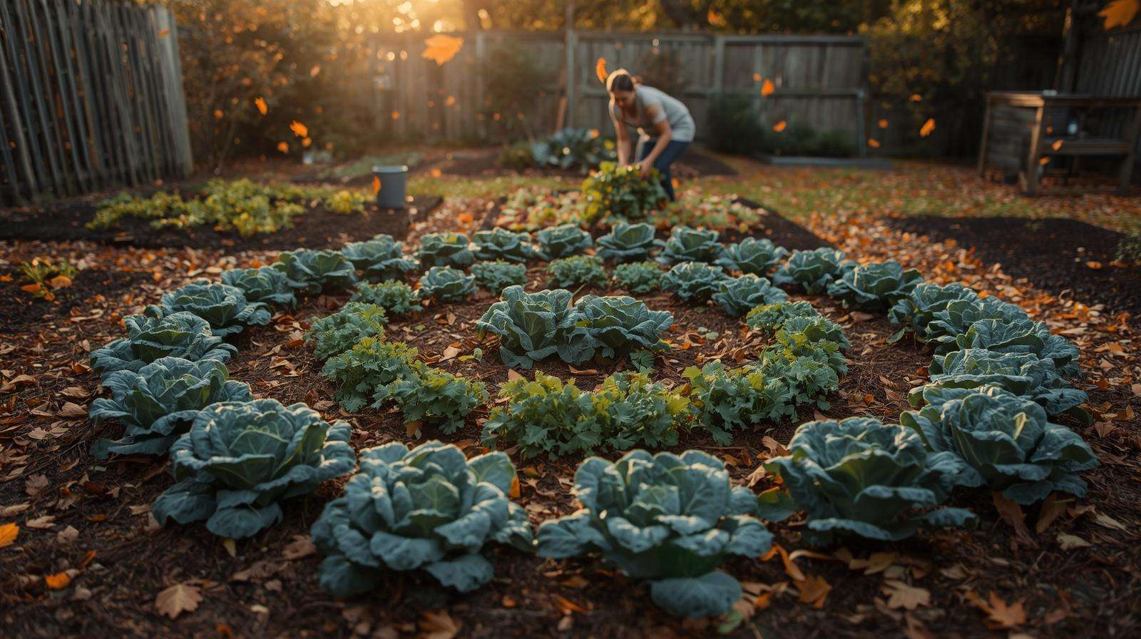 Autumn maintenance of a permaculture spiral garden with harvested crops and mulch.