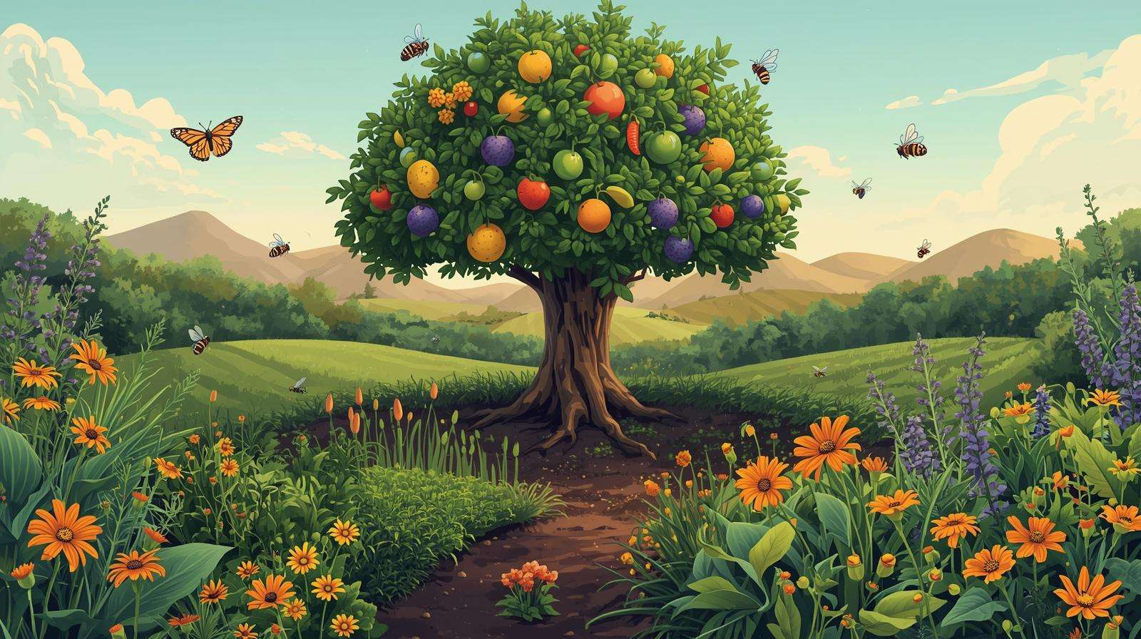 Plant guild in permaculture showcasing ecological diversity for resilient farming.