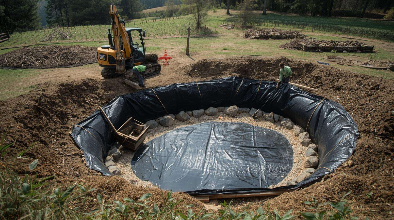 Hands-on construction of ecological tank excavation and liner installation in permaculture system