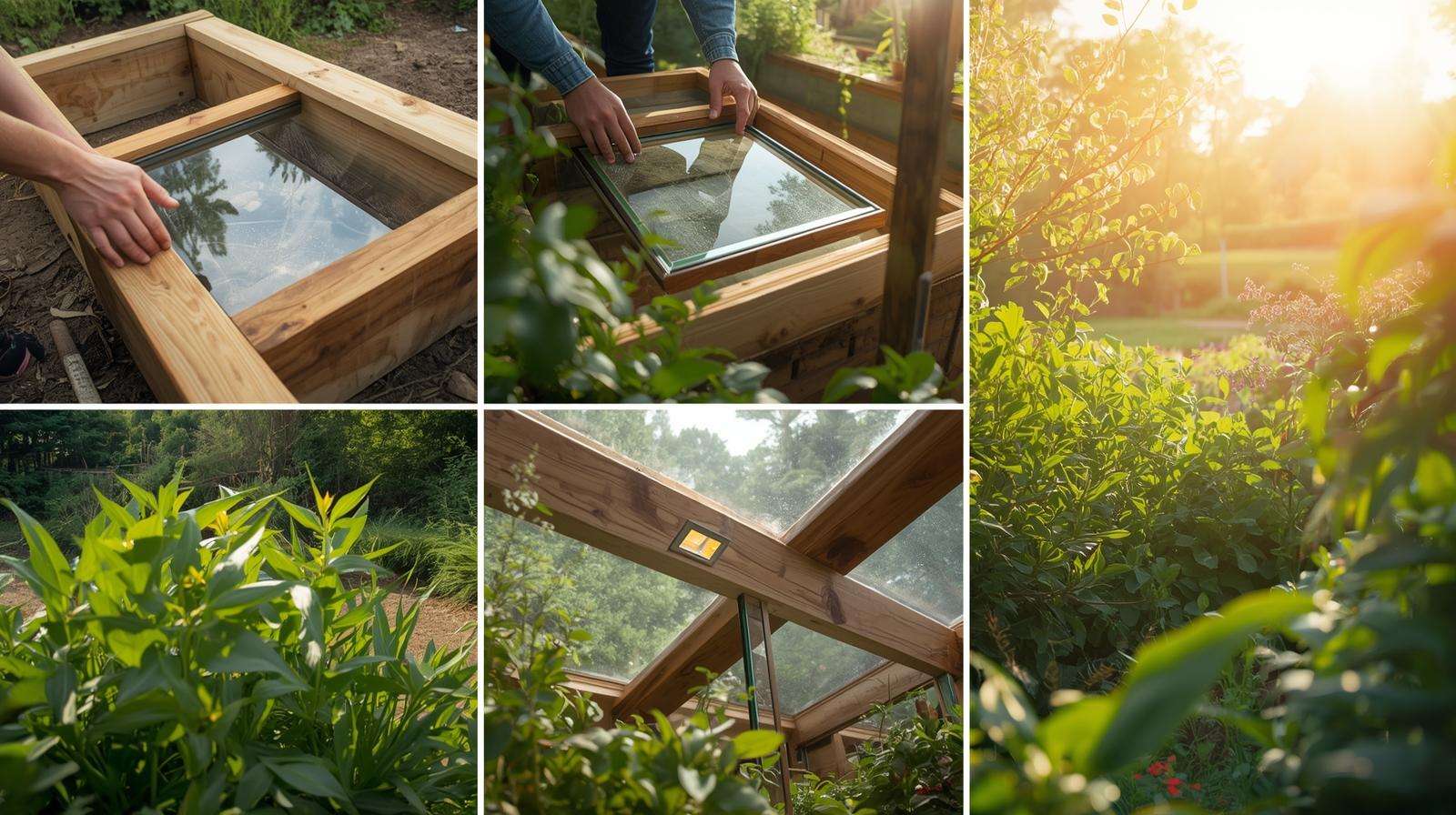 Step-by-step installation of an ecological window in a permaculture garden with recycled glass.