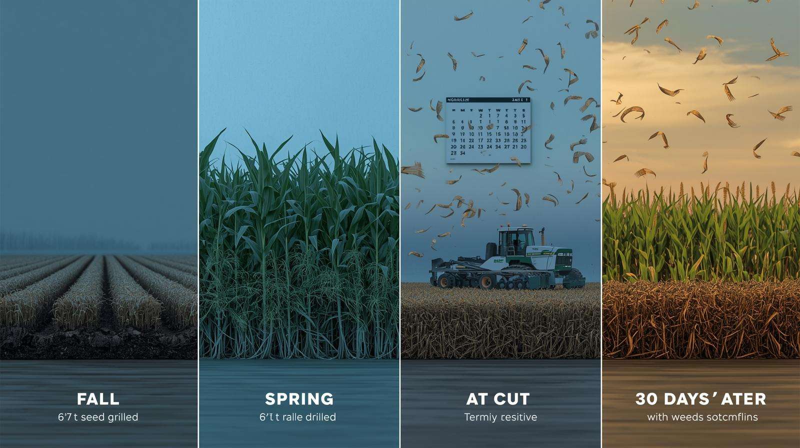 Four-stage corn row showing rye seeding, growth, mowing, and corn emergence through mulch, following mulch and mow implementation in 2025.