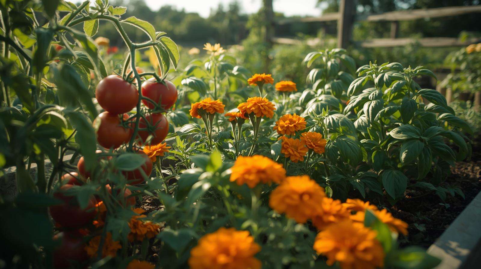 Close-up of companion planting with tomatoes, marigolds, and basil in a permaculture garden
