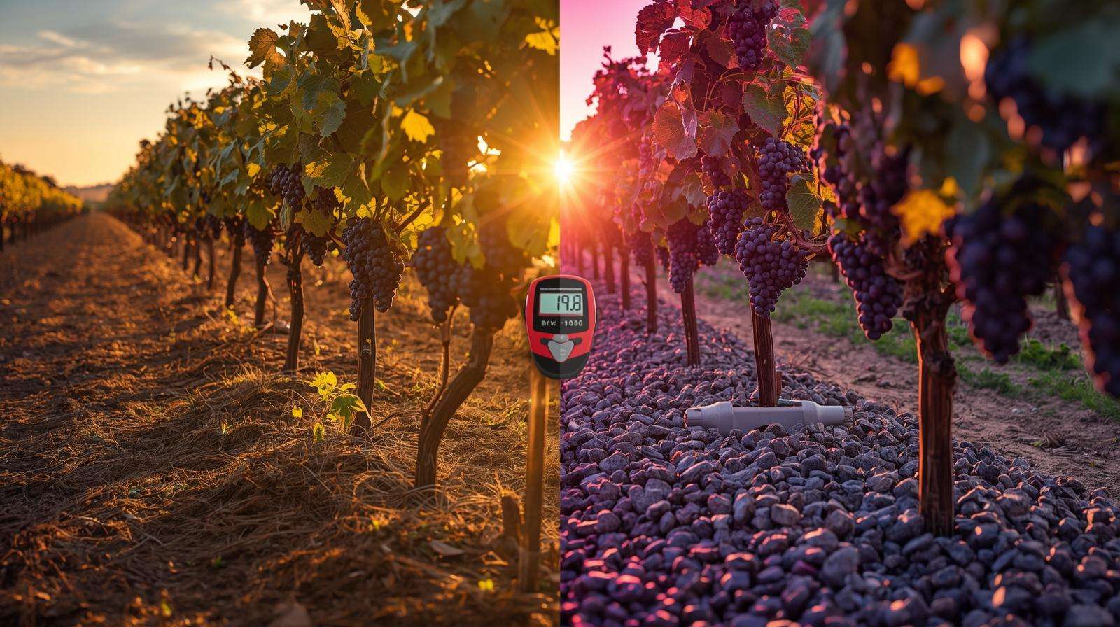 Split vineyard row showing stressed bare soil vs. healthy, high-Brix grapes under river rock stone mulch, proving stone mulch boosts quality.