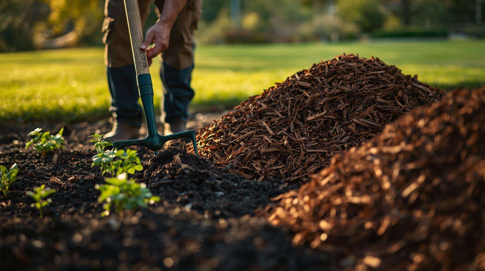 Gardener preparing garden bed for American mulch application.