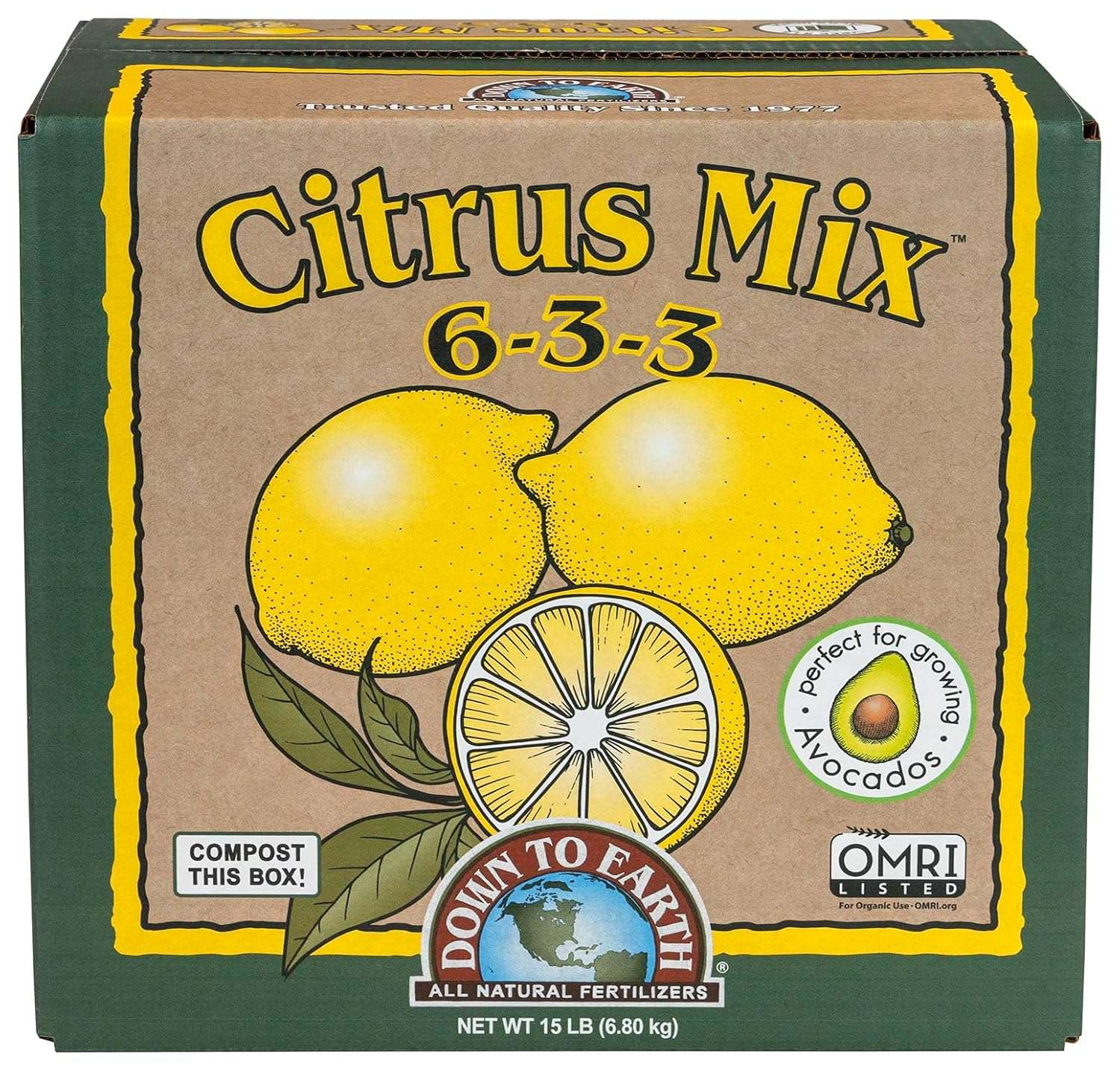 Down To Earth All Natural Fertilizers Citrus Mix 6-3-3, 15 lb Box Organic Plant Food for Lemons, Limes, Oranges and Avocados 