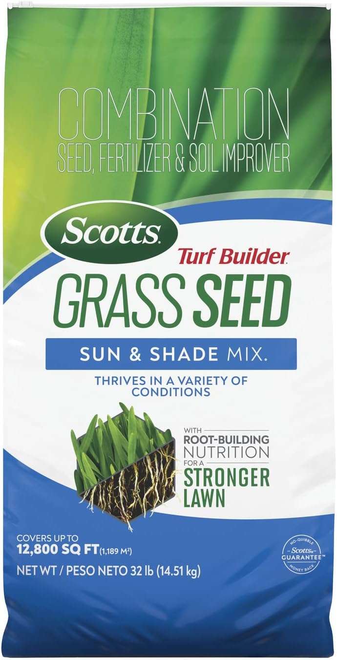 Scotts Turf Builder Grass Seed Sun and Shade Mix with Fertilizer and Soil Improver, Thrives in Many Conditions, 32 lbs.