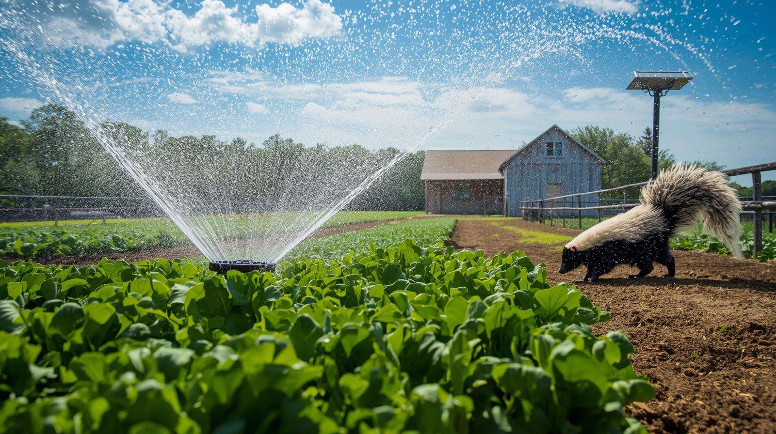 Motion-activated sprinkler repelling a skunk in a farm garden with crops and solar light post.