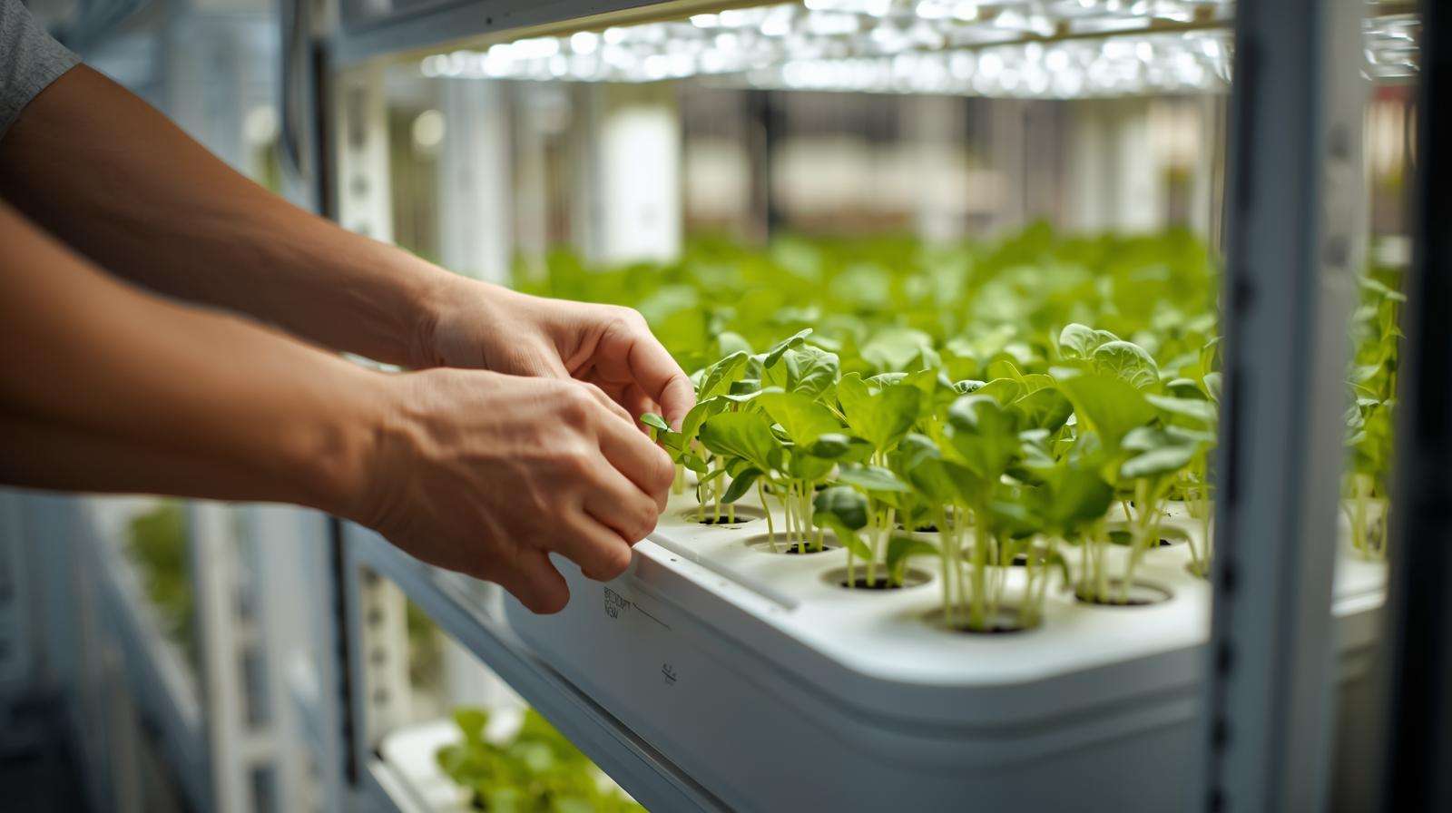 Hands planting Black Seeded Simpson lettuce seedlings in a vertical tower
