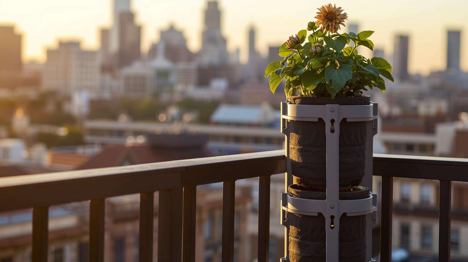 6-tier self-watering vertical dahlia tower with fabric pots on urban balcony at sunset.