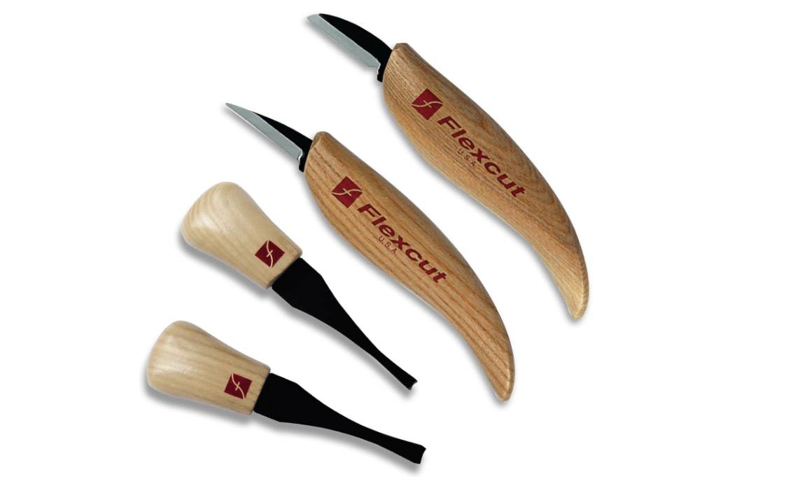 FLEXCUT Wood Carving Tools Beginner Palm & Knife Set KN600, 1095 High Carbon Steel Blades and Ergonomic Ashwood Handles 