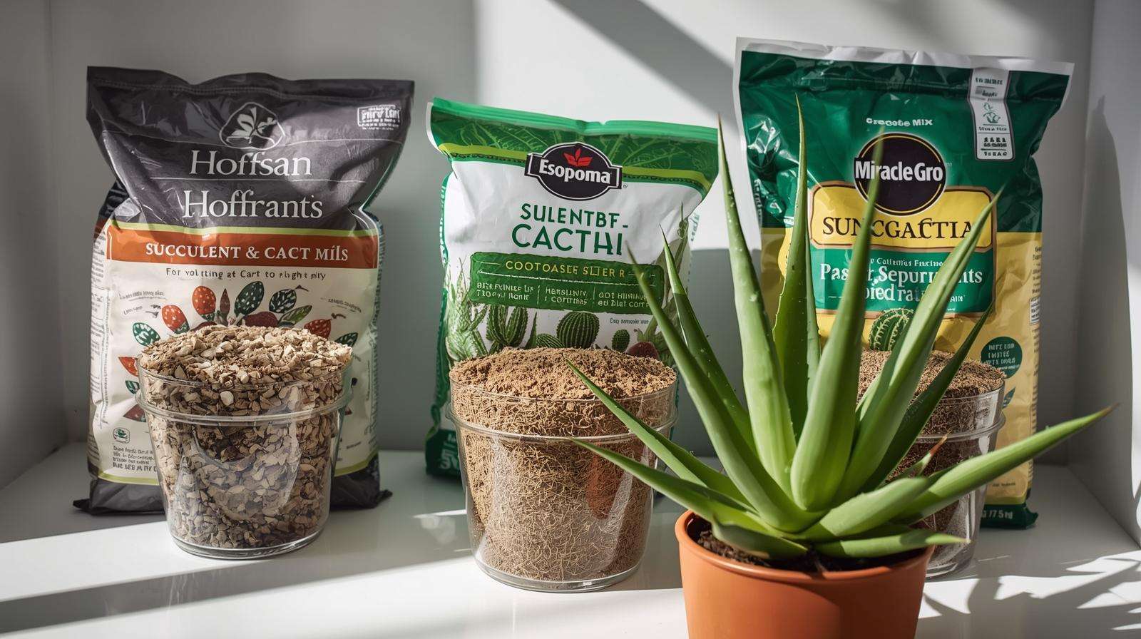 Open bags of Hoffman, Espoma, and Miracle-Gro succulent cacti soil spilling into pots with thriving aloe, comparing 2025 store-bought mixes.