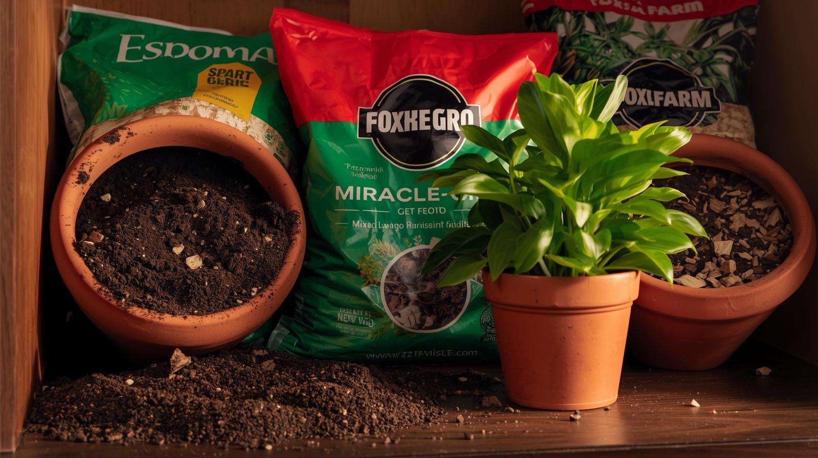 Open bags of Espoma, Miracle-Gro, and FoxFarm ZZ plant soil spilling into pots with thriving ZZ, comparing 2025 options.