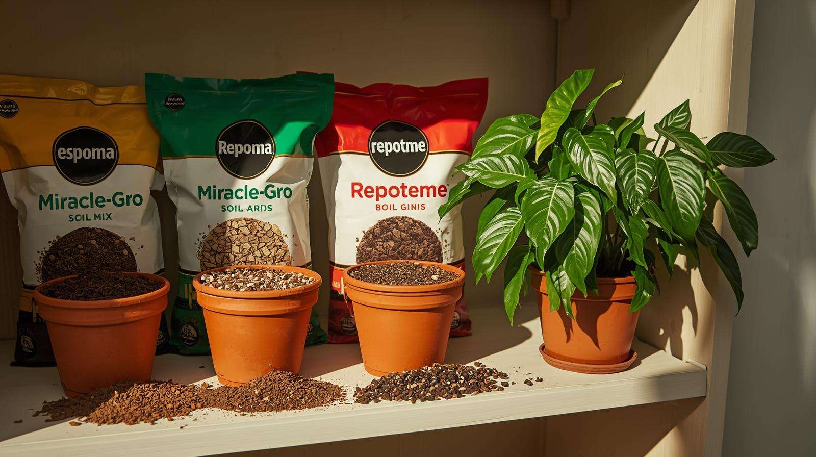 Open bags of Espoma, Miracle-Gro, and Repotme aroid soil mix spilling into pots with thriving Philodendron, comparing 2025 options.