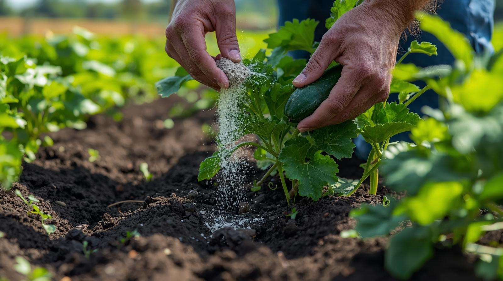 Farmer applying diatomaceous earth to cucumber plants for organic pest control.