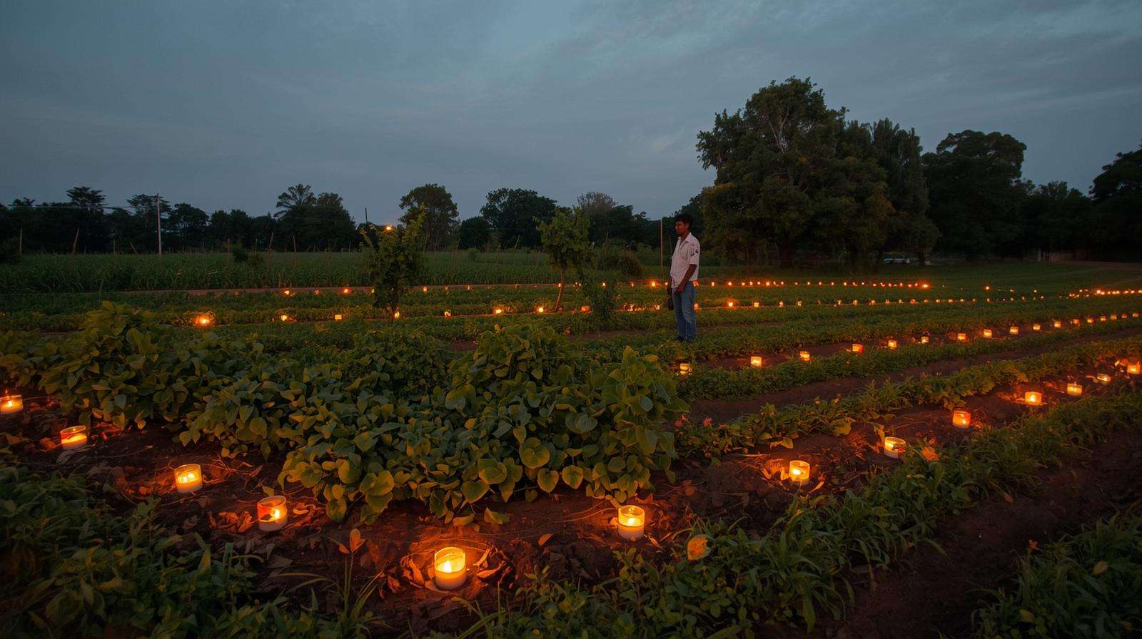 Farm at dusk with bug-repellent candles protecting crops along the perimeter.