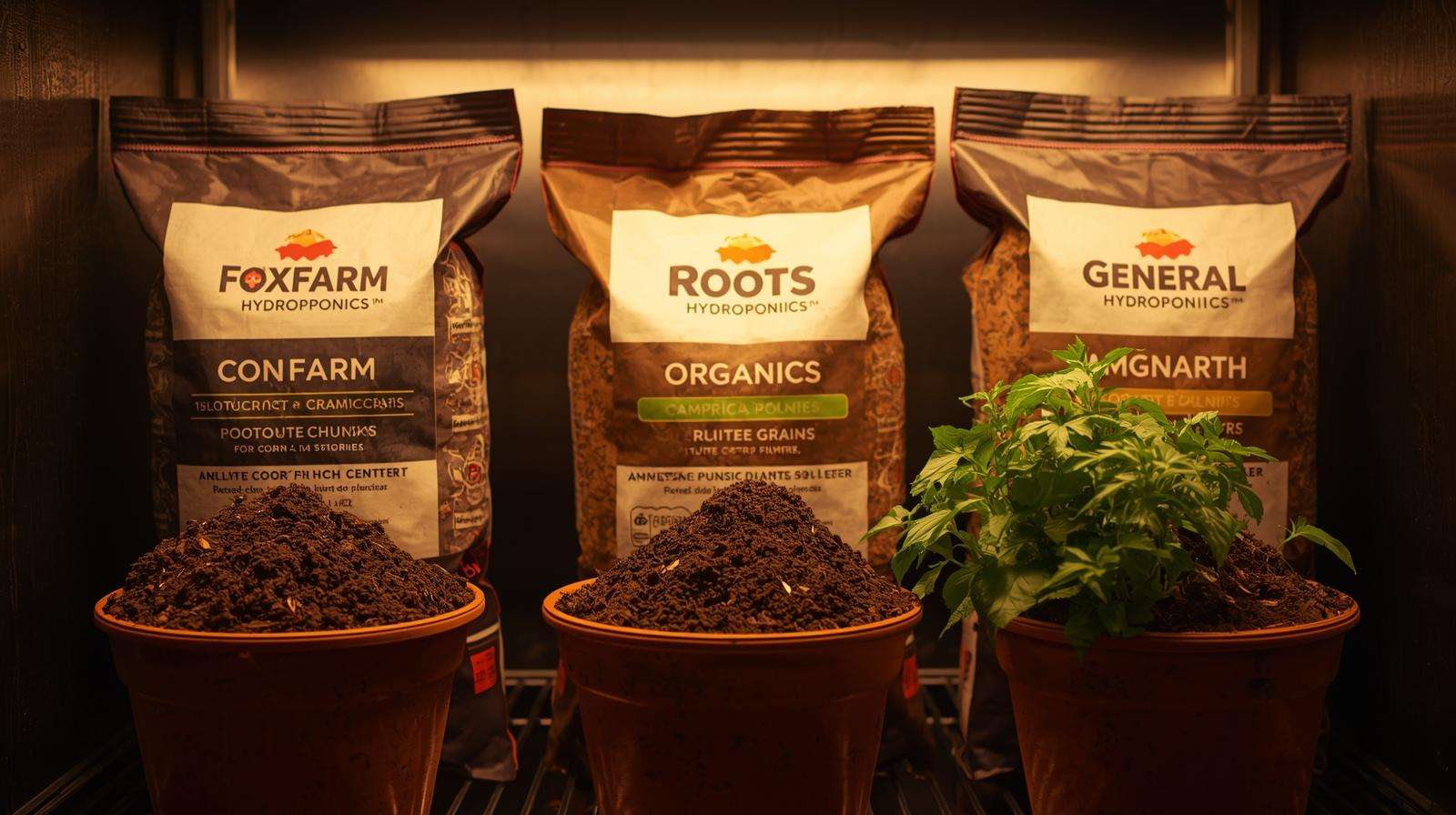 Open bags of FoxFarm, Roots, and General Hydroponics best soil for plants spilling into pots with thriving Amaranth, comparing 2025 options.