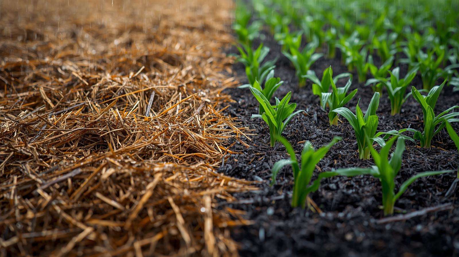 Split view of pine straw and mulch on a sloped farm field for erosion control.