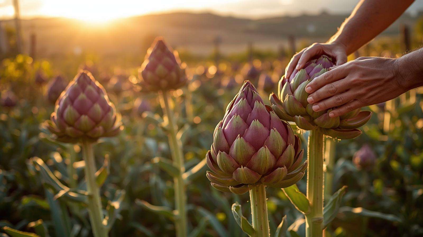 Farmer handling artichoke buds in a warm-climate garden, showcasing flower vegetables with architectural plants and Mediterranean charm.