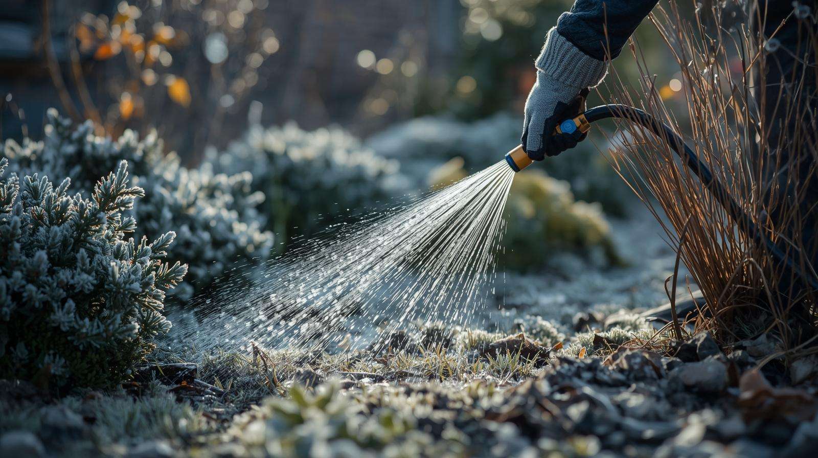Gardener watering plants on a frosty morning showing cold-season watering risks.