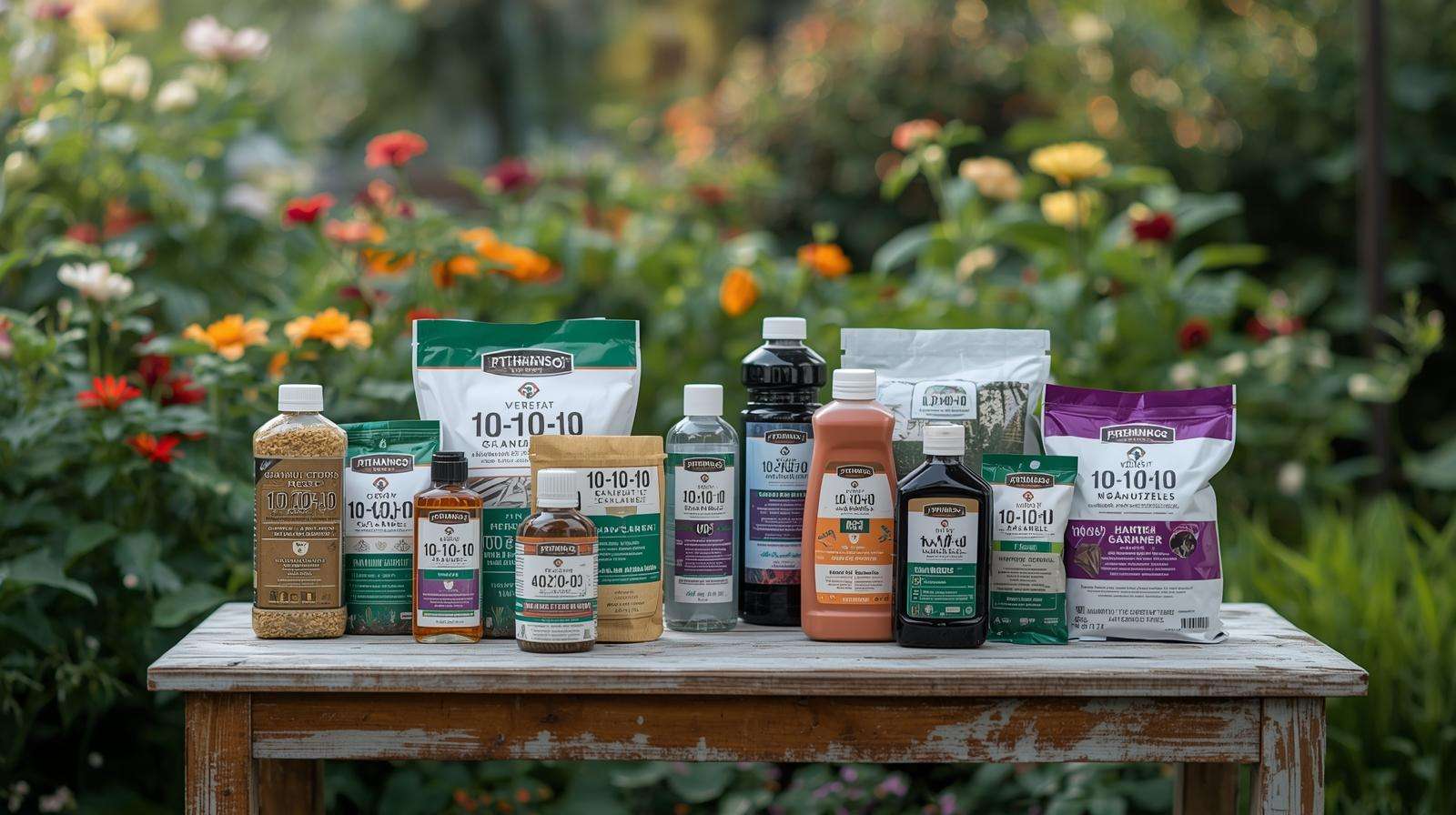 Display of granular and liquid 10-10-10 fertilizer products for using 10-10-10 fertilizer in gardening.