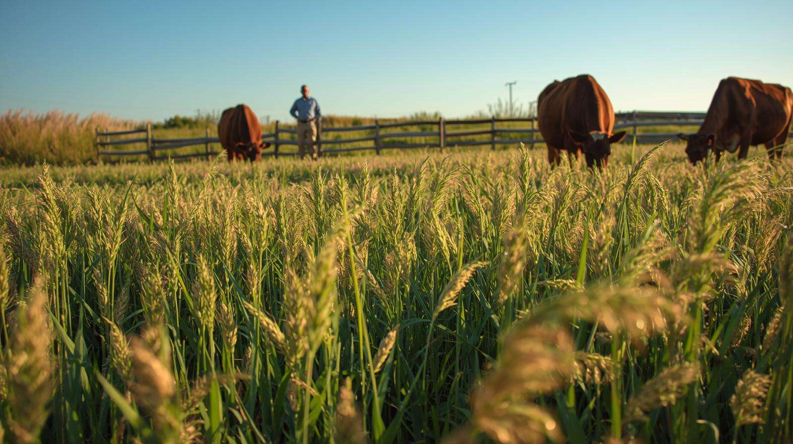 Cattle graze on a brown top millet pasture, with a farmer and native grasses in a sunny farm field under a clear sky.