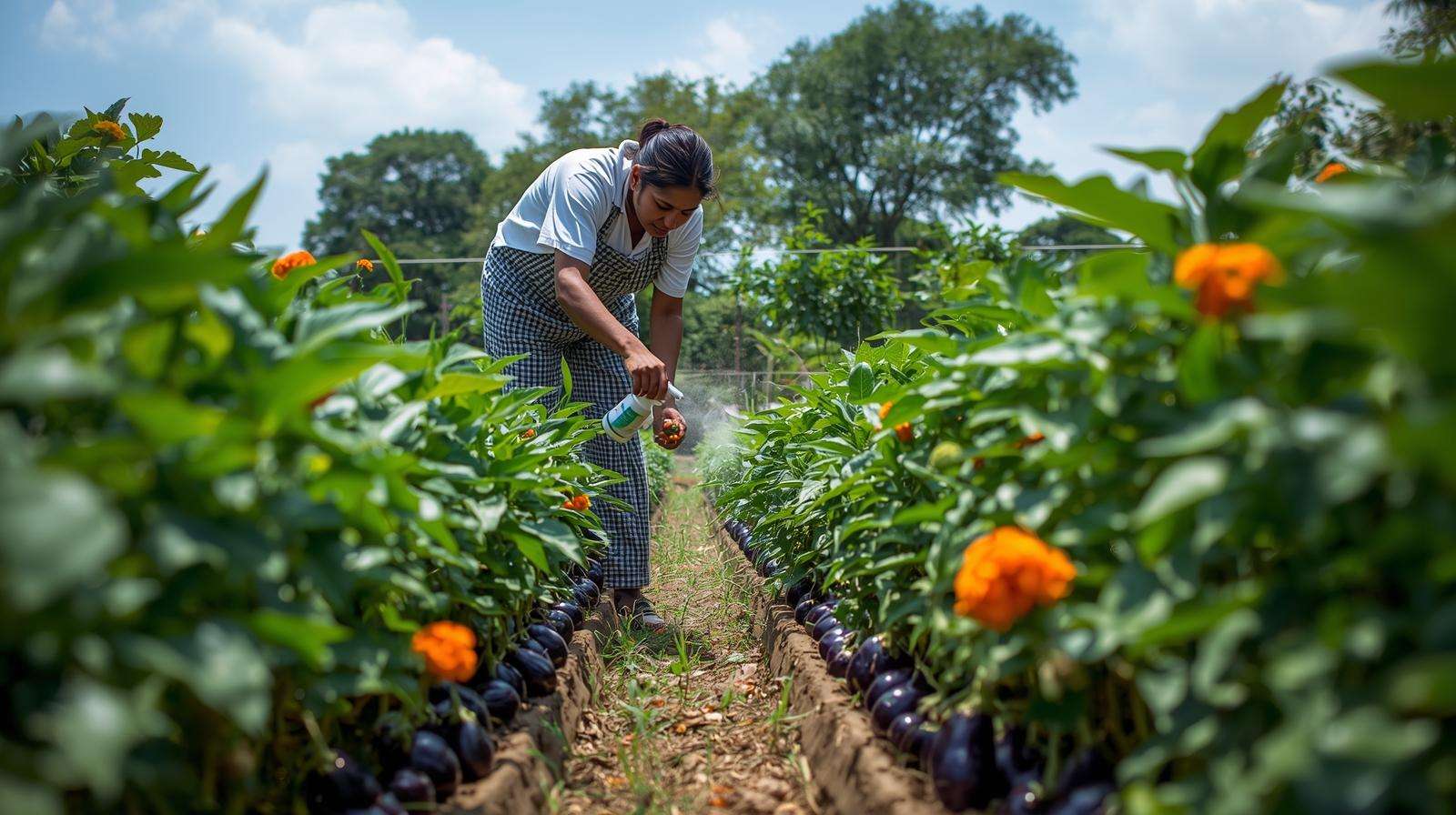 Gardener using organic pest control with ladybugs in a callaloo and eggplant garden, showcasing sustainable Haitian vegetable care.
