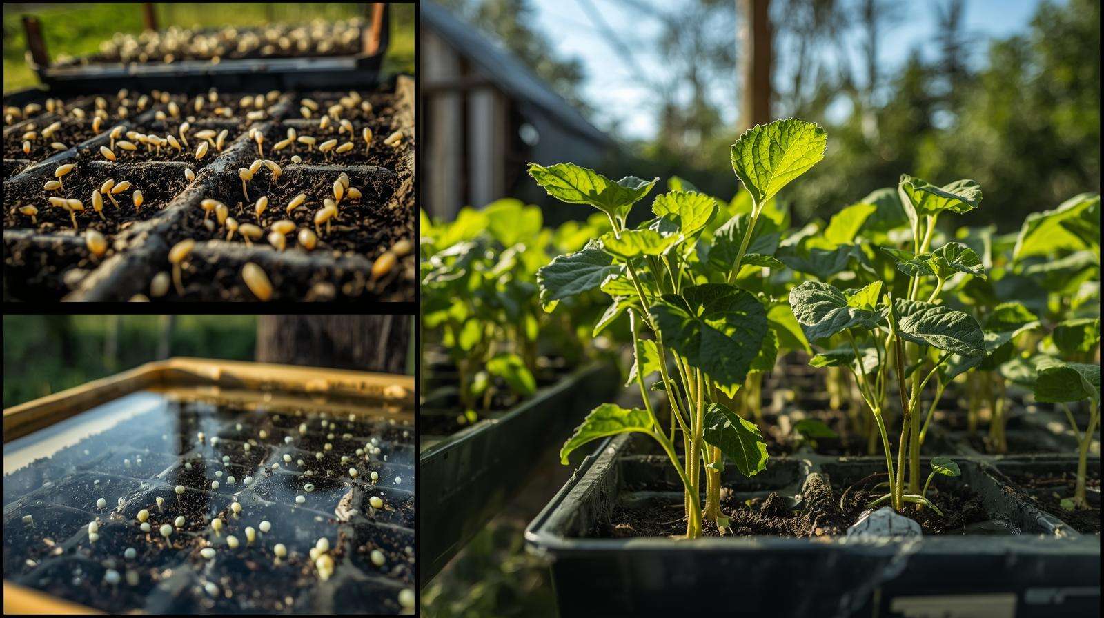 Step-by-step visual of seed propagation in a permaculture plant nursery