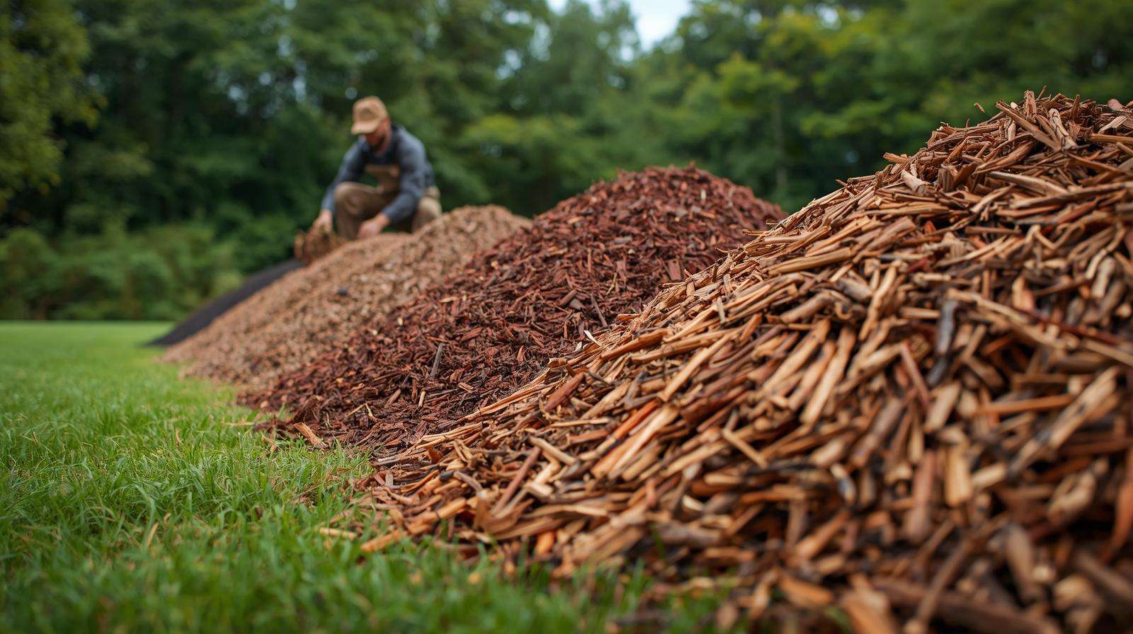 Farmer selecting from piles of hardwood, pine bark, and cedar triple shredded mulch.
