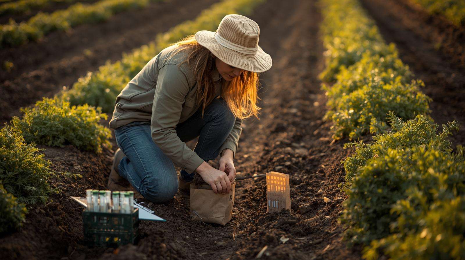 Farmer collecting soil and tissue samples for micronutrients fertilizer testing in organic carrots