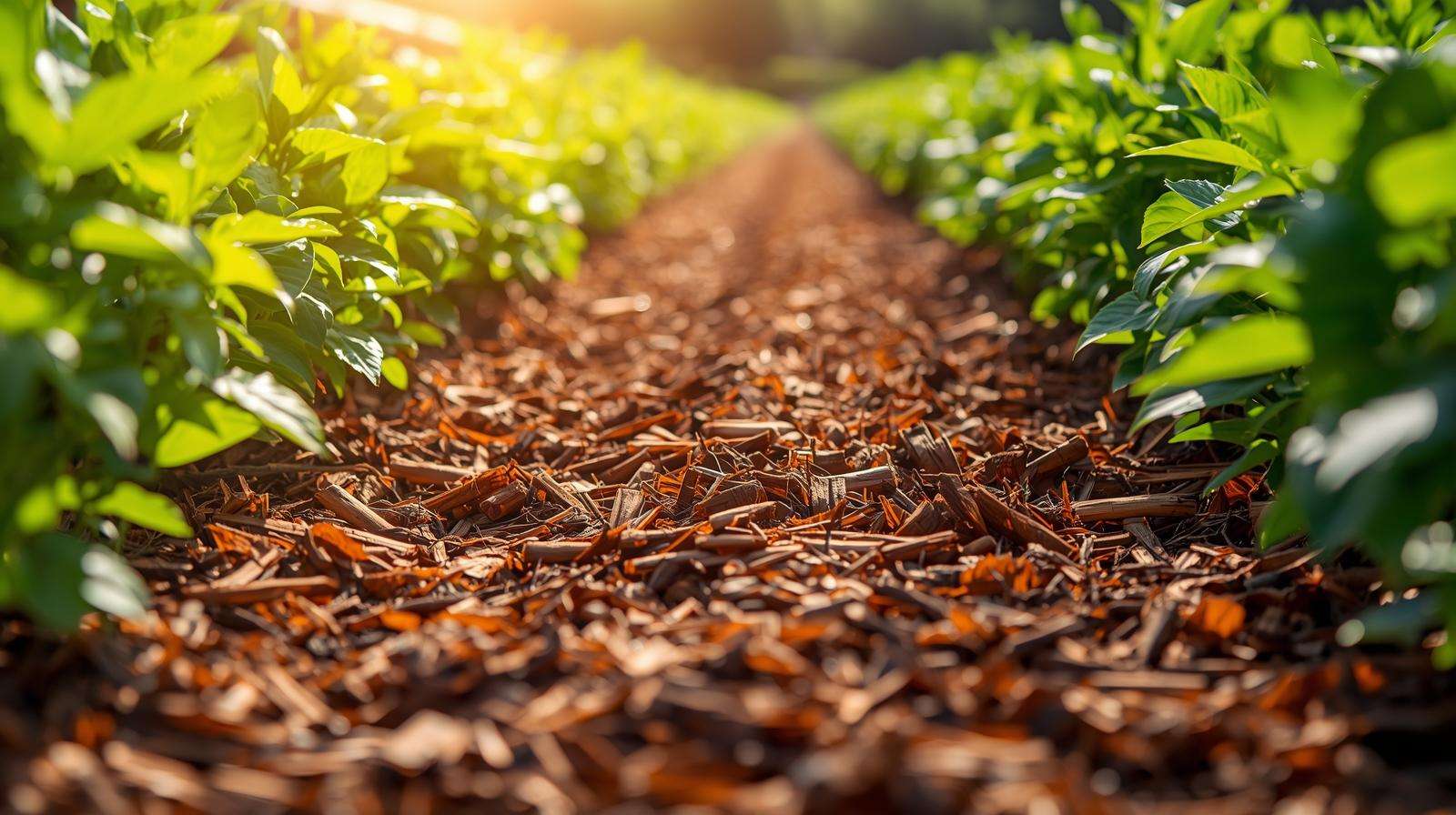 Step-by-step guide of applying cedar mulch around organic plants with proper spacing