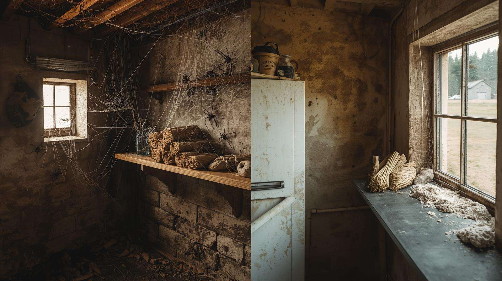 Before and after spider infestation treatment in old farmhouse basement using natural repellents
