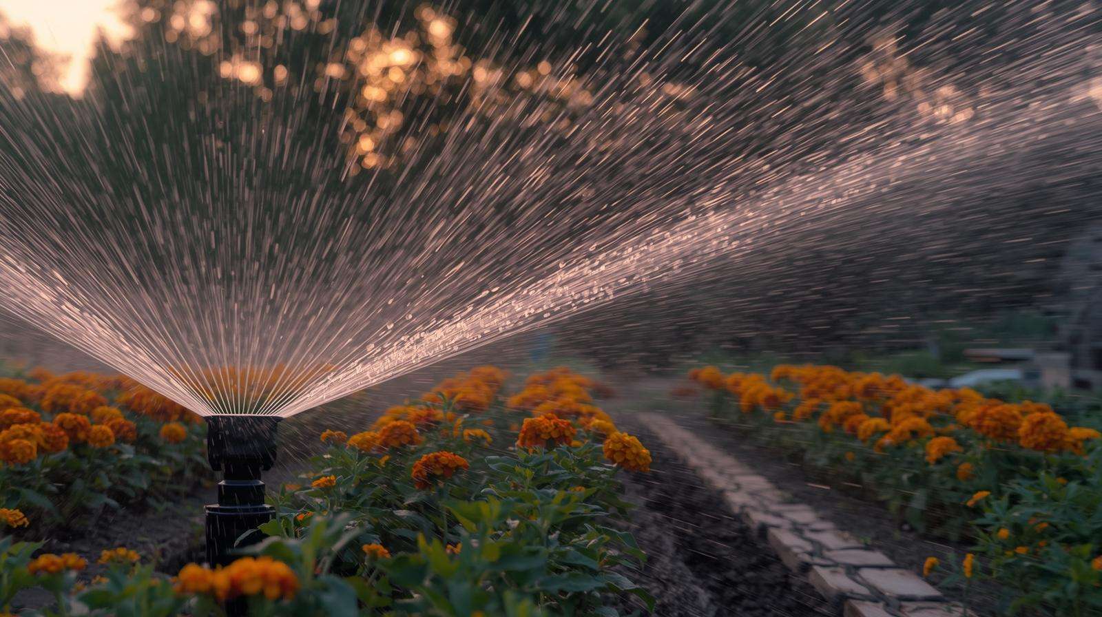 Motion-activated sprinkler repelling armadillos at dusk