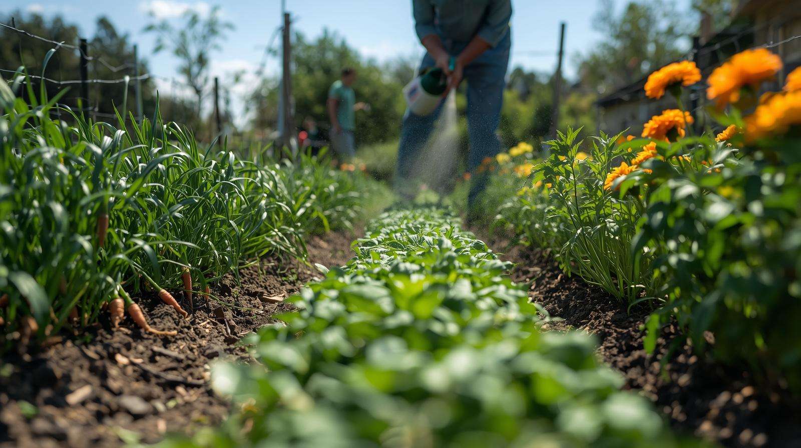 Gardener using ladybugs for organic pest control in a carrot and chive garden, showcasing sustainable care for cream cheese vegetables.