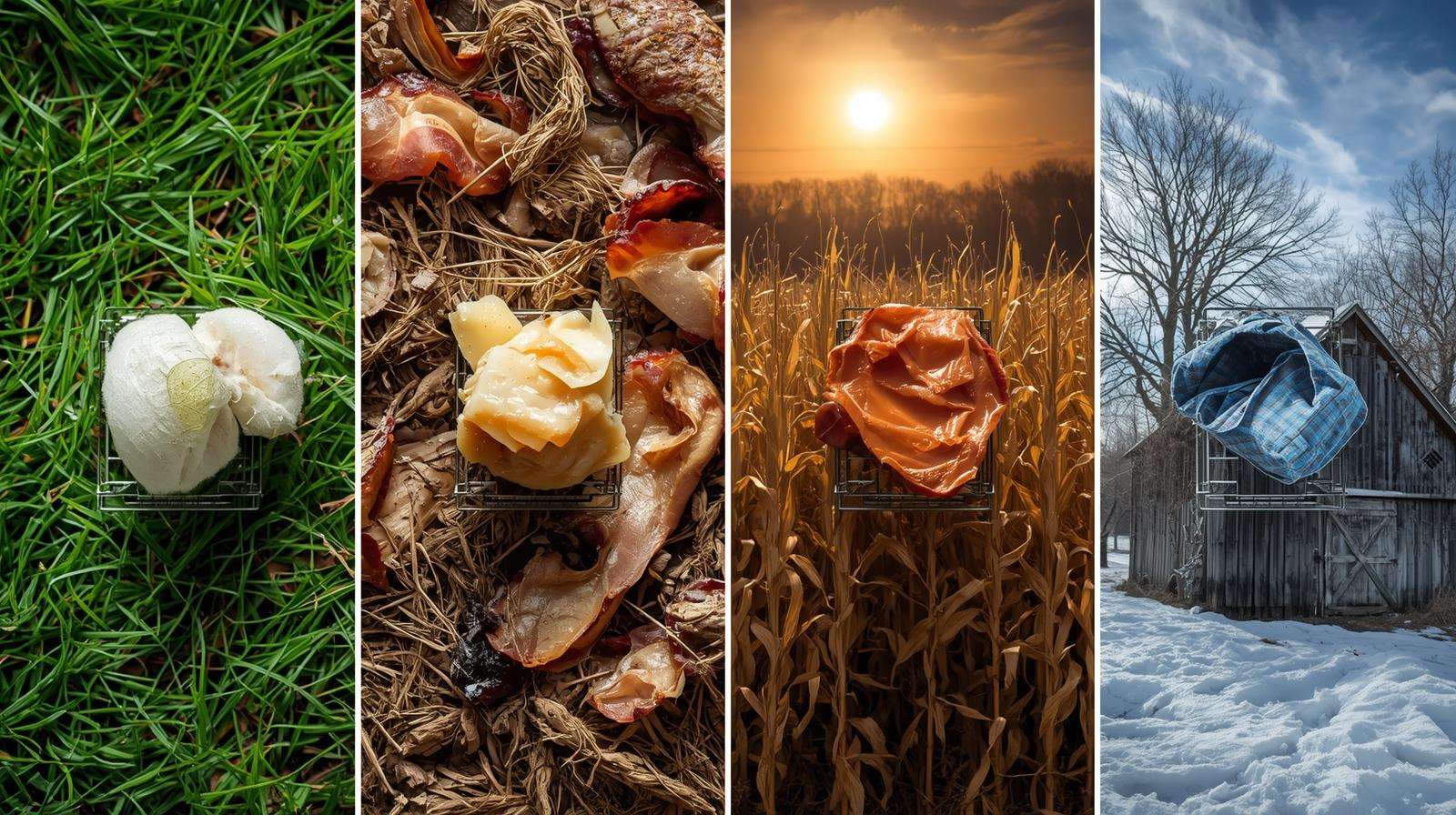 Seasonal natural baits for mouse traps: spring nesting cotton, summer sticky paste, fall bacon fat, winter fermented mash