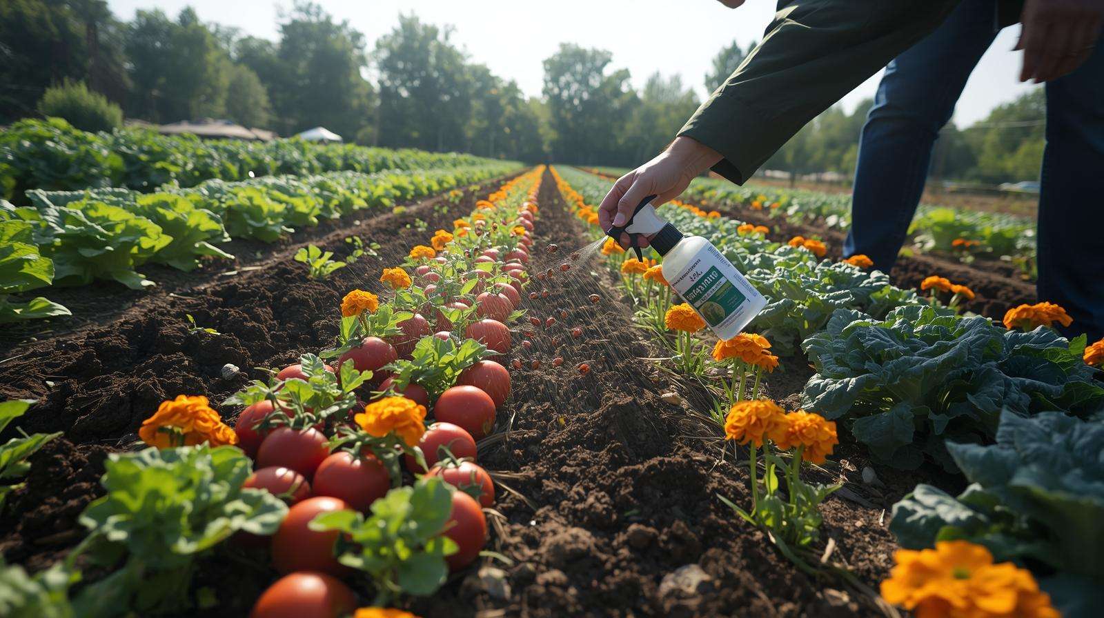 Gardener using ladybugs for organic pest control in a mixed-crop garden, showcasing sustainable crop growing seasons for food crop cultivation.