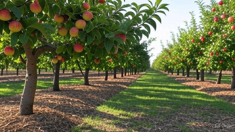Fruit orchard with wood chips around tree bases and ripe fruits under a sunny sky.
