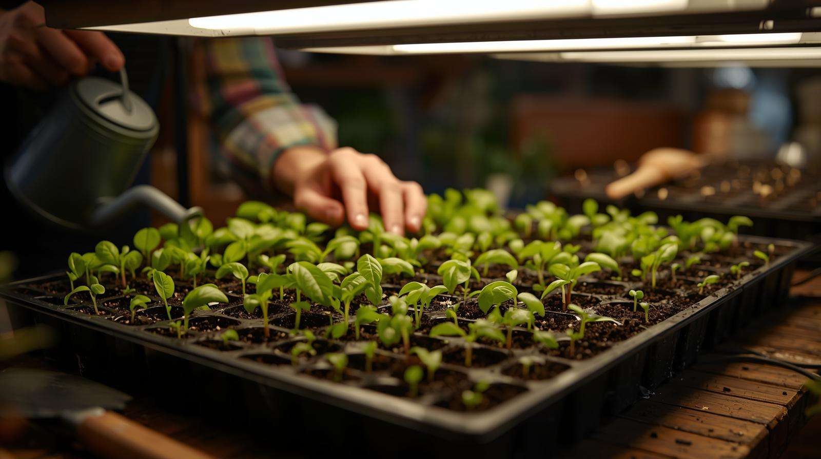 Lettuce and basil seedlings in Pro Mix Seed Starting Mix under grow lights, showcasing soil mix for plants for potting mix gardening.