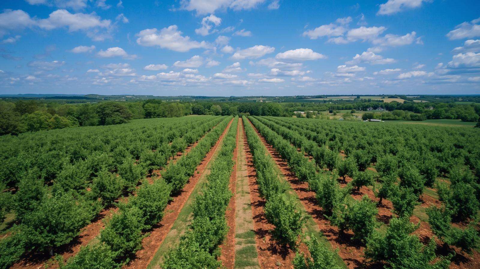 Aerial view of organic orchard with Penn Mulch around trees.