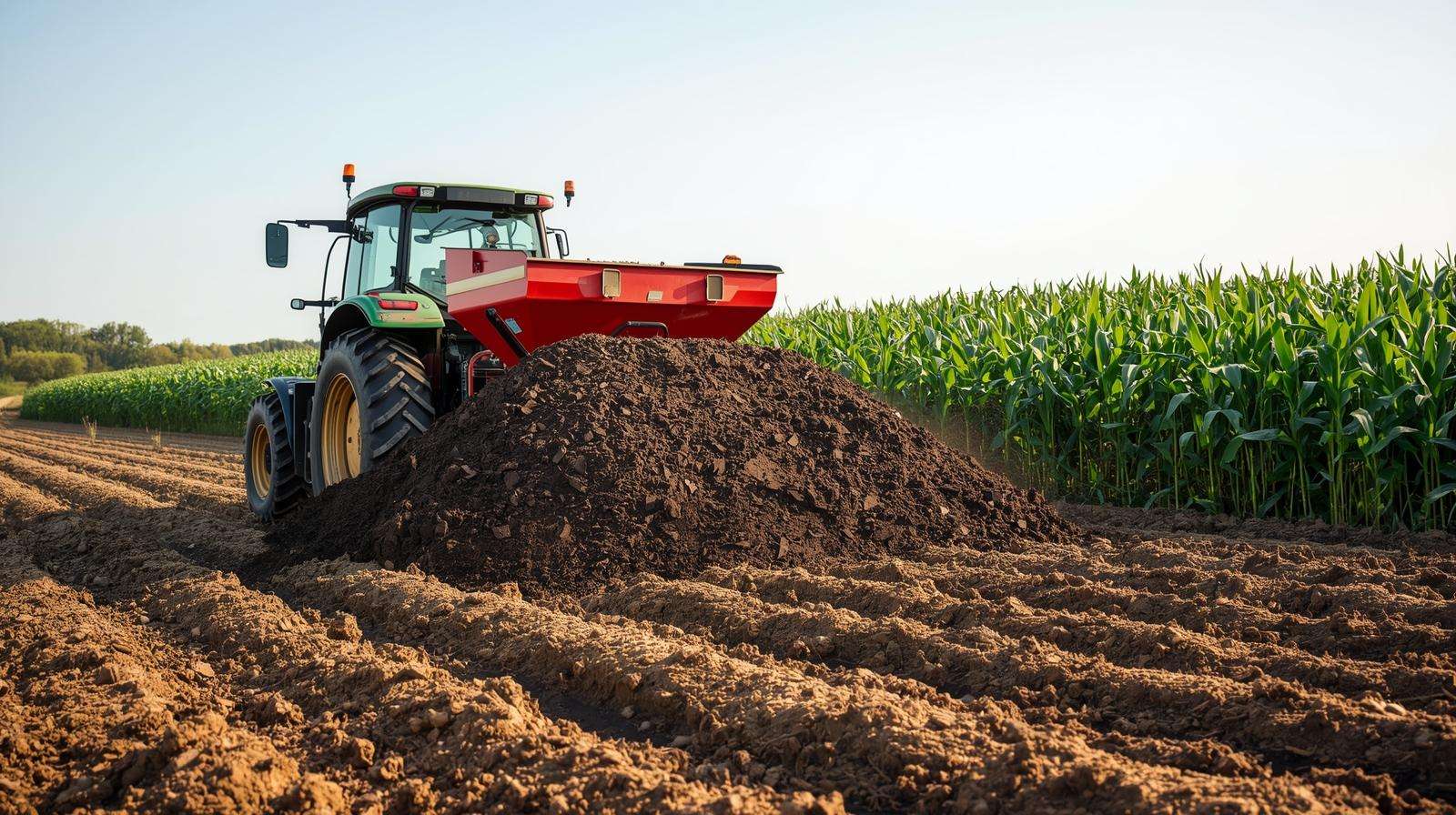 Farmer spreading topsoil in a field for top soil delivery, enhancing soil fertility for better crop yields.