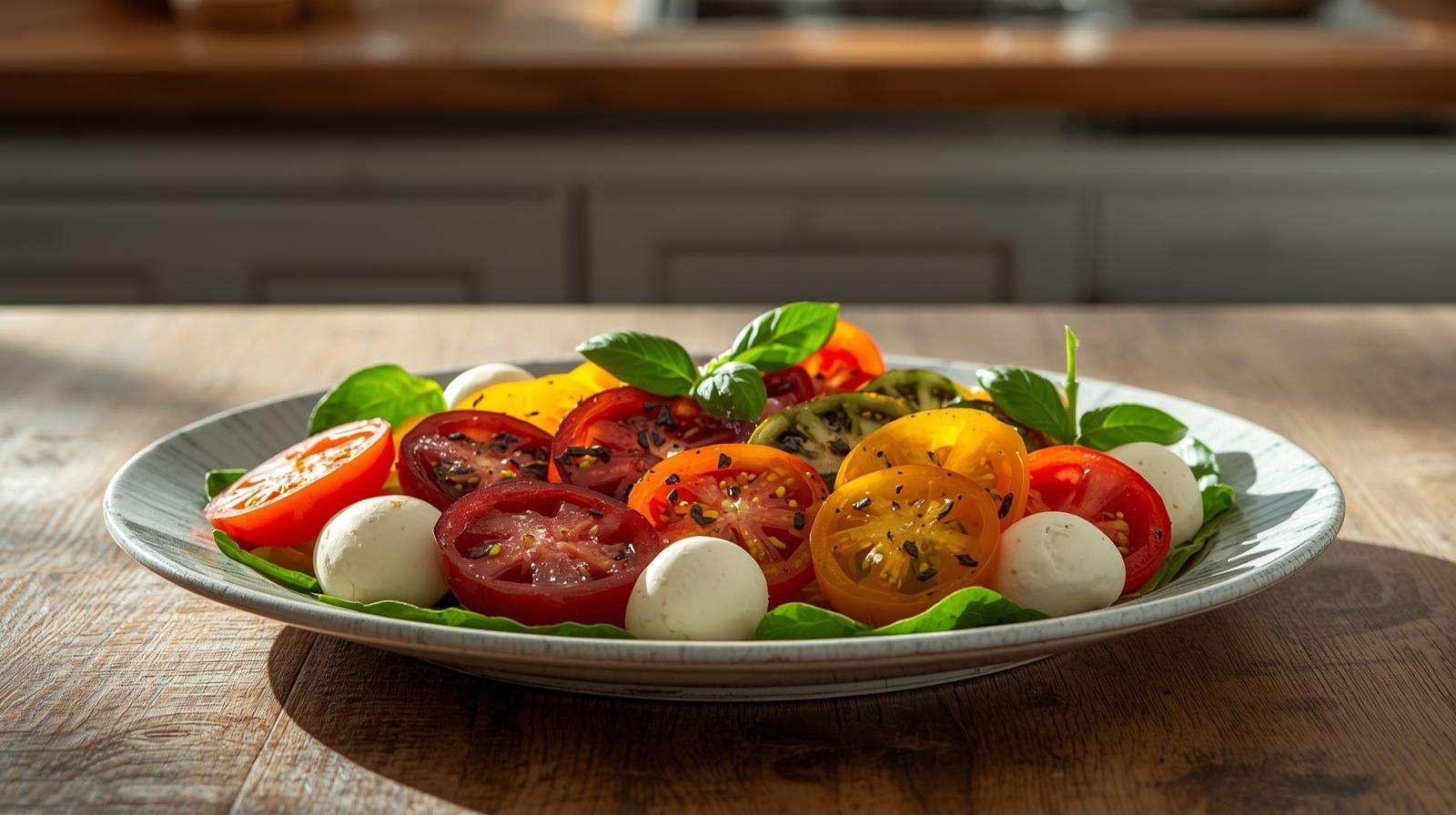 Vibrant rainbow tomato caprese salad with ‘Sungold’ and ‘Cherokee Purple’ slices, showcasing colorful tomato varieties in a fresh tomato growing guide dish.
