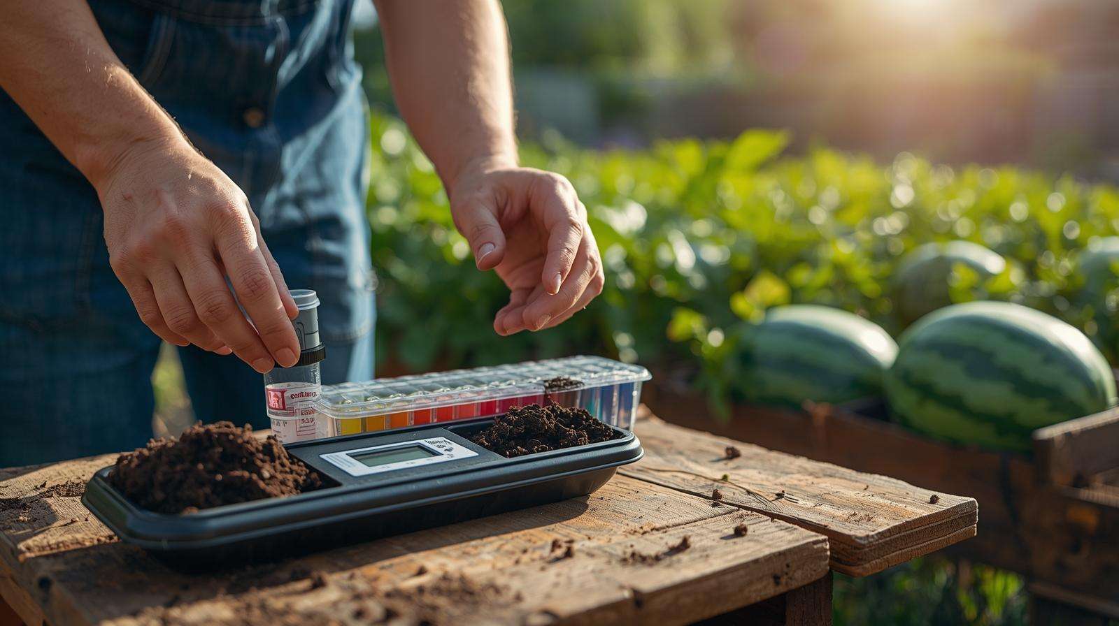 Gardener using a soil testing kit to analyze watermelon potting soil, ensuring optimal nutrients and pH for melon crops.