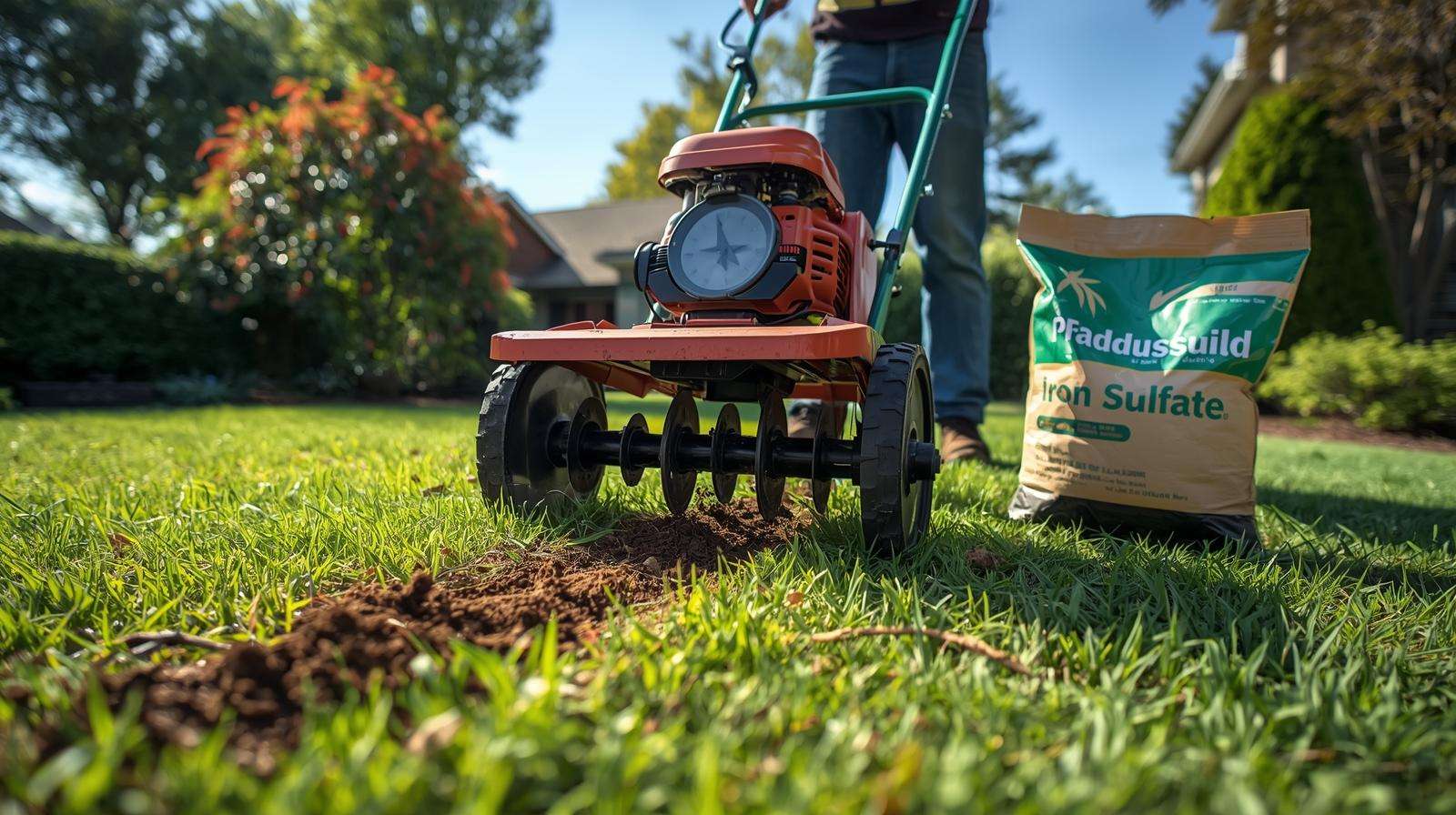 Gardener aerating lawn to improve soil health if soil is too alkaline for grass, with soil plugs and amendments nearby.