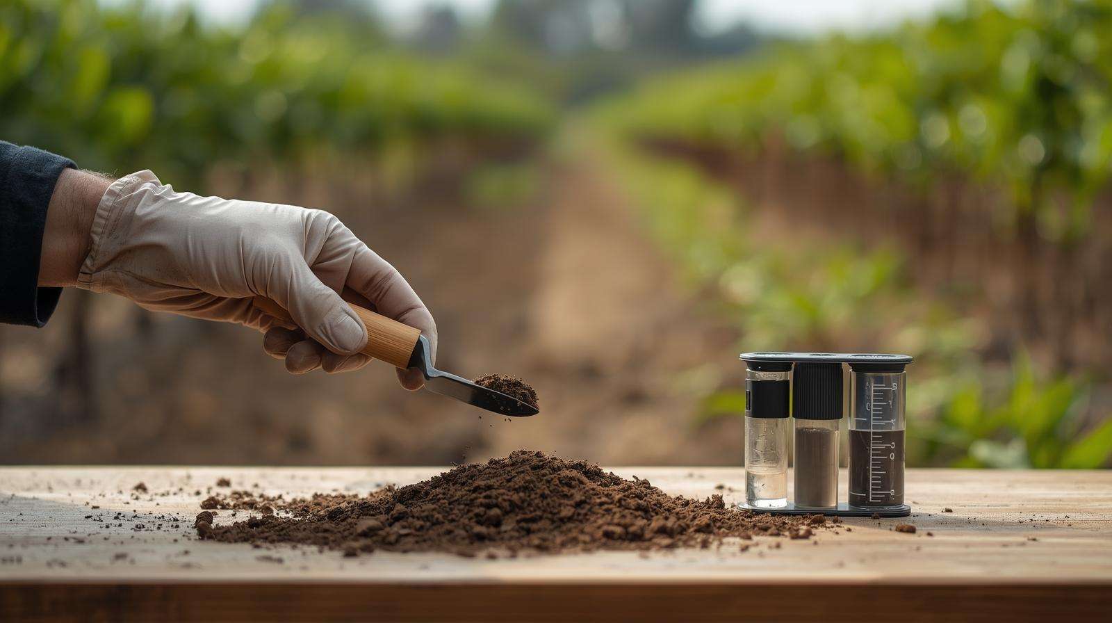 Close-up of a soil testing process in a field, showing a sample collection for microbial health analysis to optimize organic resistant tapioca dextrin use.